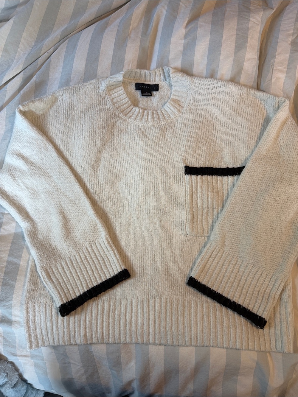 Sanctuary Cream Crewneck Sweater with Black Trim Pocket & Cuffs
